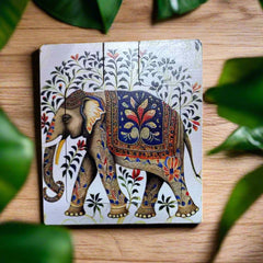 A wooden pocket mirror with a hand-painted lady design, perfect for keeping in a purse.