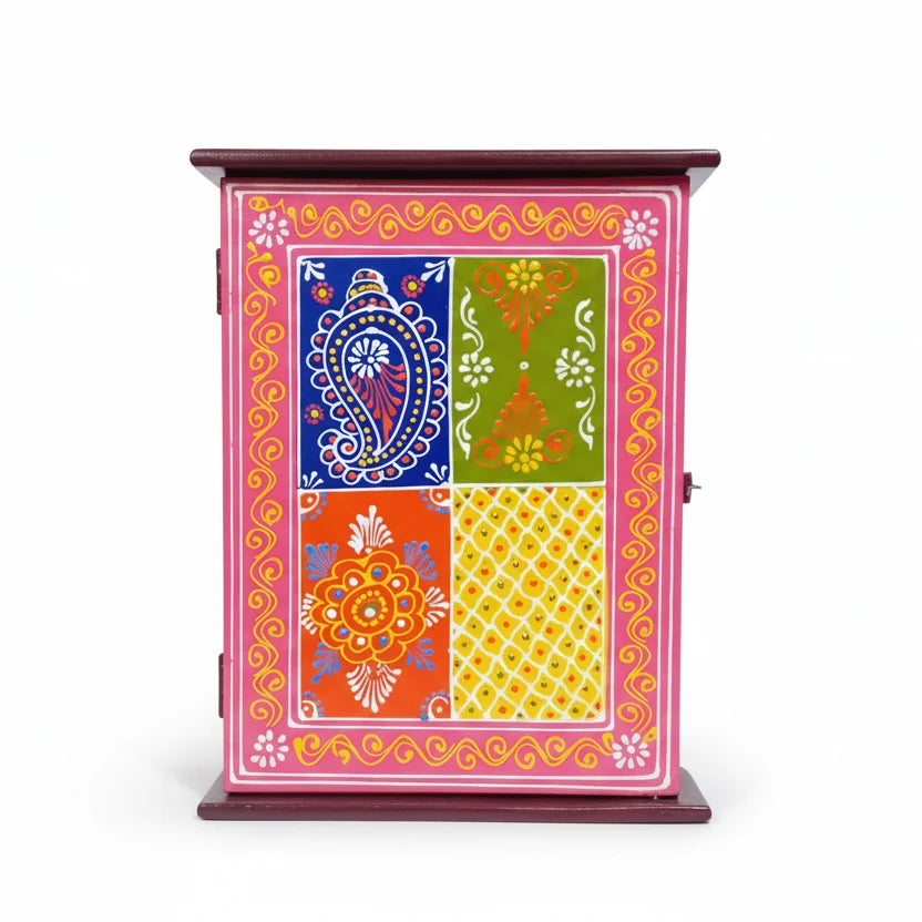 Handcrafted wooden Rajasthani key holder box with vibrant hand-painted motifs and 9 hooks, wall mount decor from Jaipur.