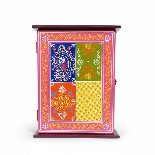 Handcrafted wooden Rajasthani key holder box with vibrant hand-painted motifs and 9 hooks, wall mount decor from Jaipur.