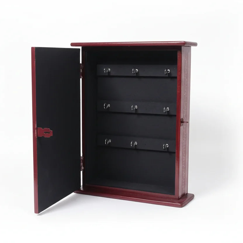 Open view of handcrafted Rajasthani wooden key holder box interior, revealing 9 sturdy hooks ready for house, car, and bike keys with vibrant hand-painted lining.