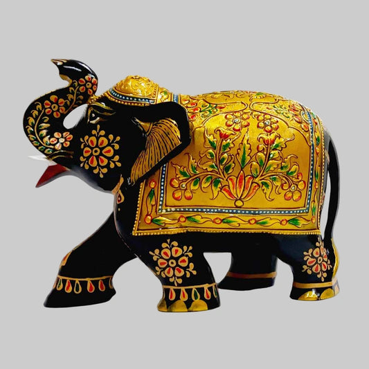 Premium wooden salute elephant showpiece with black body and gold accents