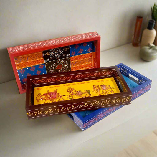 Unique handcrafted wooden tray with multicolor traditional artwork, ideal for serving and home decor.