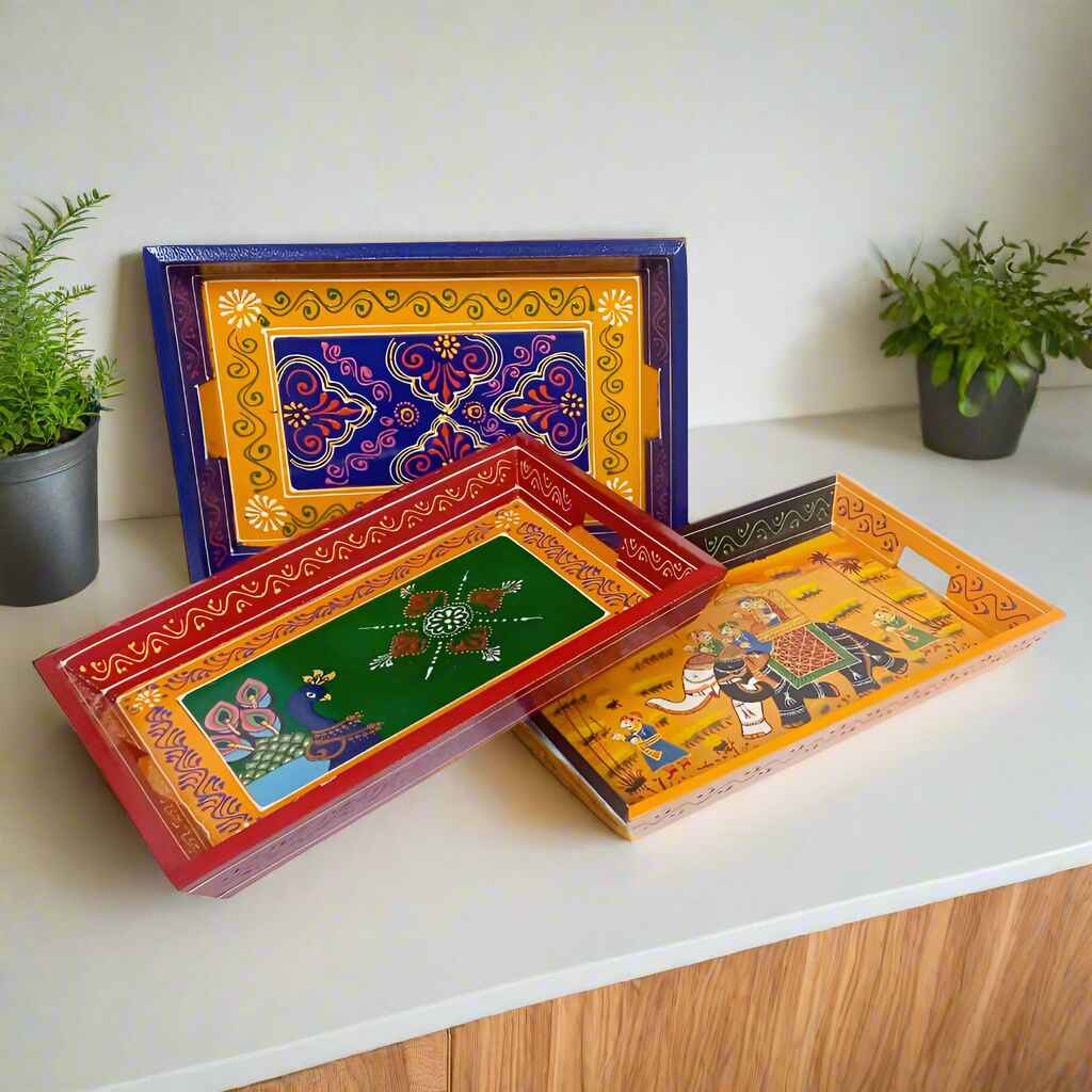 Lightweight and sturdy wooden tray with authentic Indian hand-painted patterns in rich colors