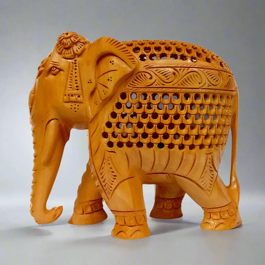 Wooden undercut elephant idol handcrafted with fine detailing for home decor.