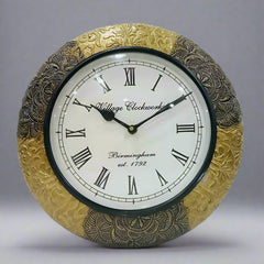 Wooden vintage wall clock with golden oxidized finish for home decor.