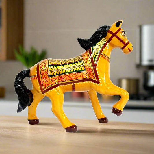 Handcrafted wooden walking horse figurine with detailed carving.