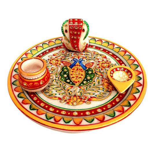 Marble Pooja Thali with Ganesh Idol, Holy Water Pot & Diya