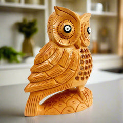 Wood Carved Owl Statue for Home Decor