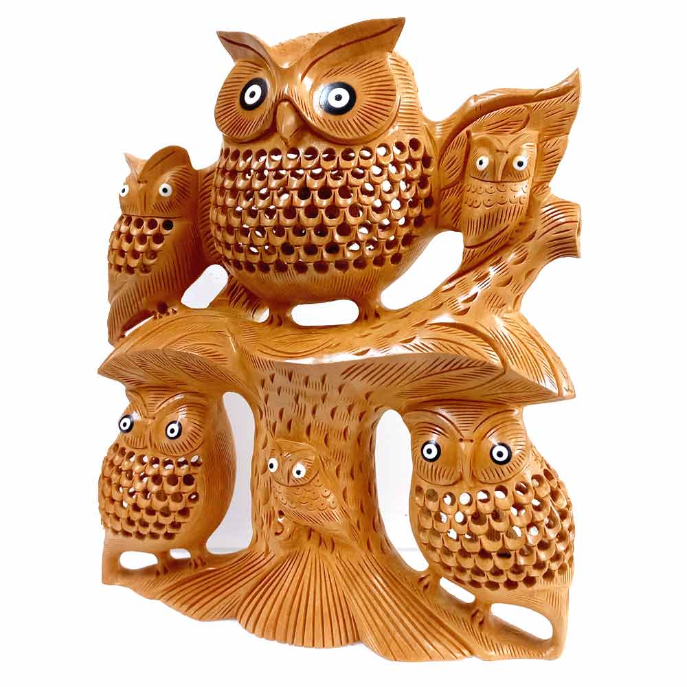Wooden Lattice Owl Statue for Home Decor
