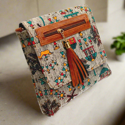 Warli Print Cotton and Leather Sling Bag