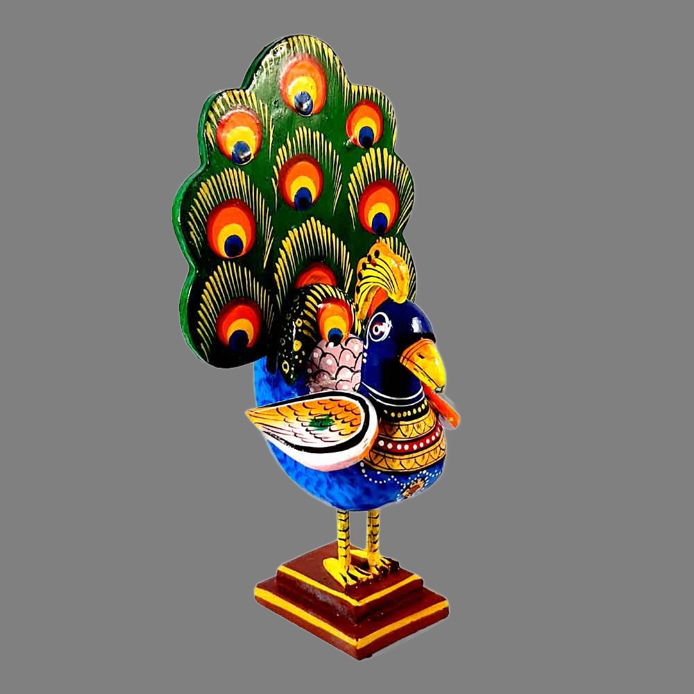 A 20cm wooden peacock showpiece, a splendid decorative piece for any table.