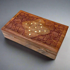 Handcrafted natural brown wood jewelry organizer – brass inlays & velvet interior, perfect for earrings & chains.