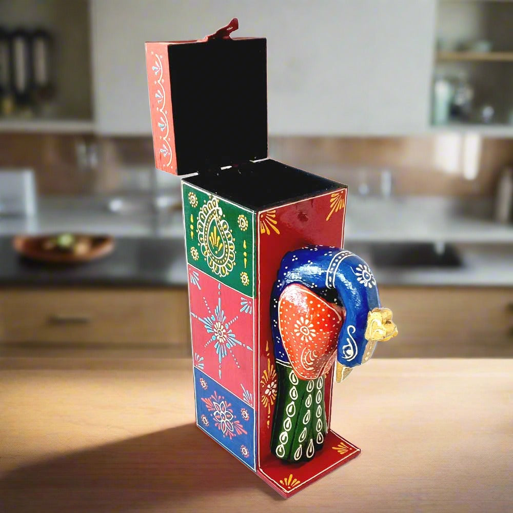 A 30cm wooden wine box with a lid and a handle, decorated with beautiful peacock art.