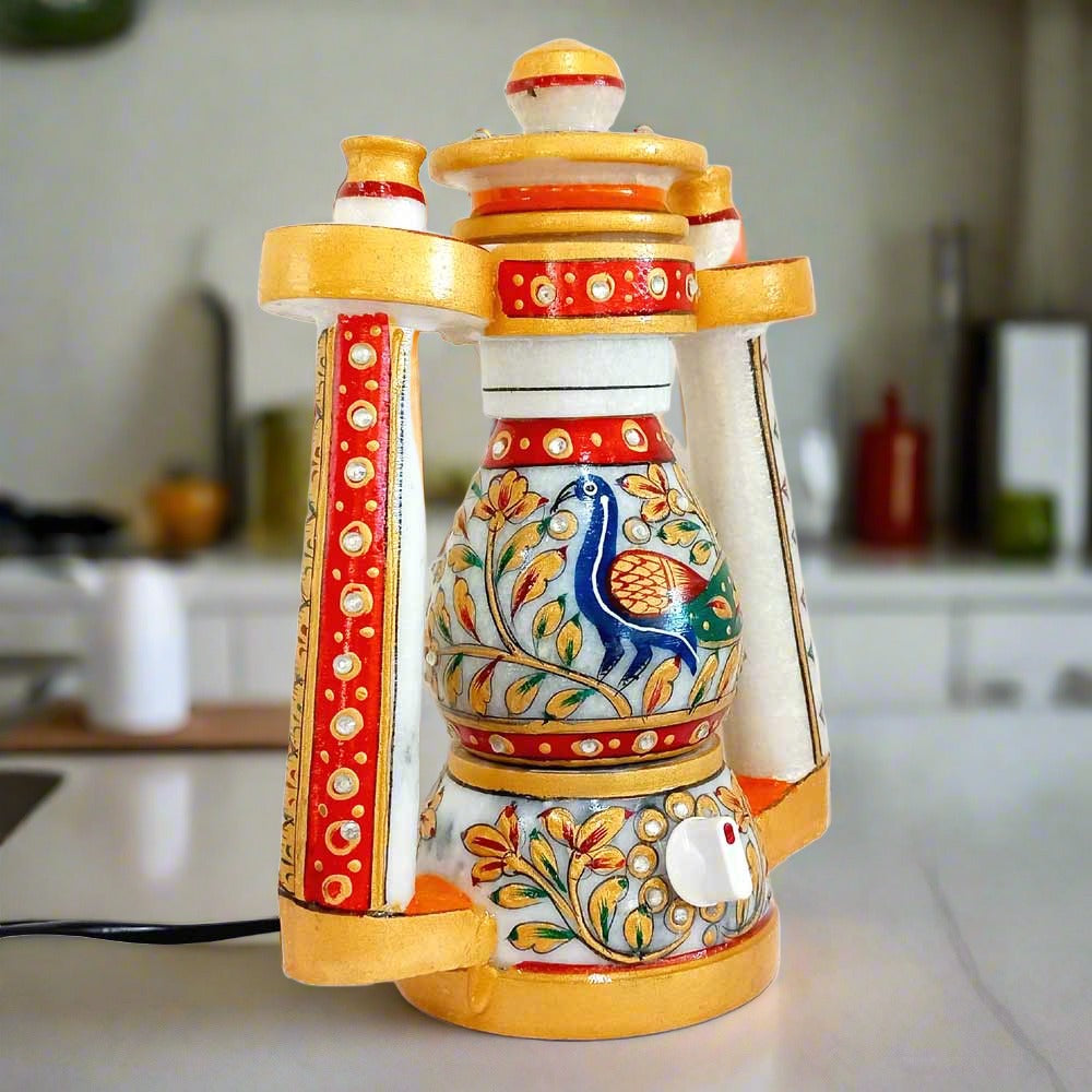 Electric marble lantern lamp featuring regulator to control light intensity and easy bulb change