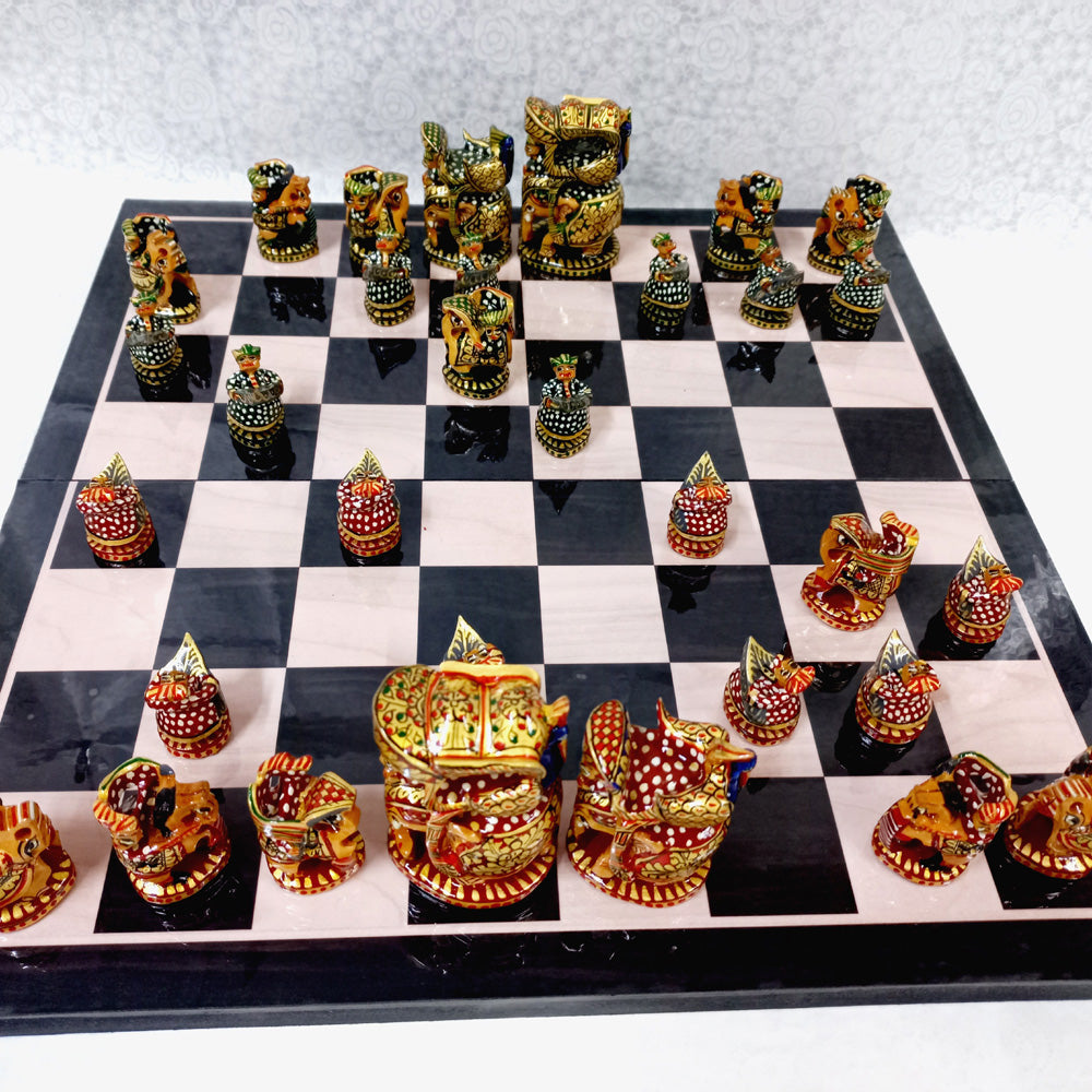 Ambabari royal design wooden chess set, handcrafted with detailed artistry and traditional Indian motifs.