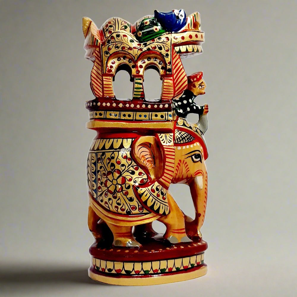Wooden Ambabari elephant statue featuring detailed hand painting and decorative artistry