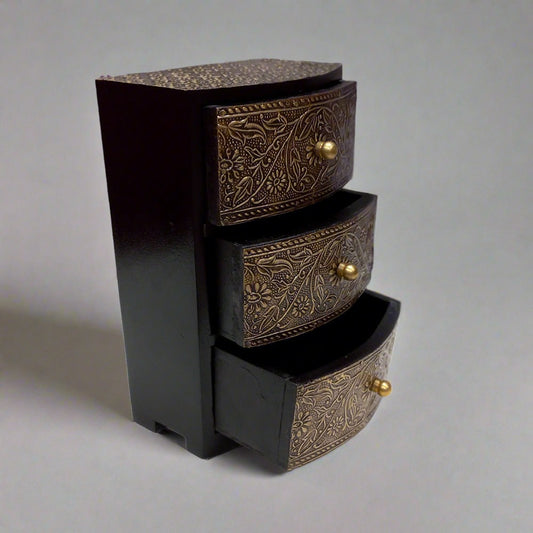 Antique metal floral design wooden drawer box with three layers, perfect for storing jewelry and enhancing home decor.