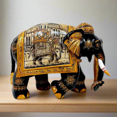 Artistic Kadamba wood elephant statue with beautiful miniature paintings, combining traditional and cultural aesthetics.