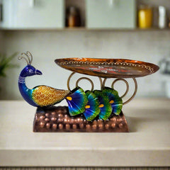 Artistic metal peacock tray handcrafted with intricate hand painting, brightening center tables and kitchen counters.