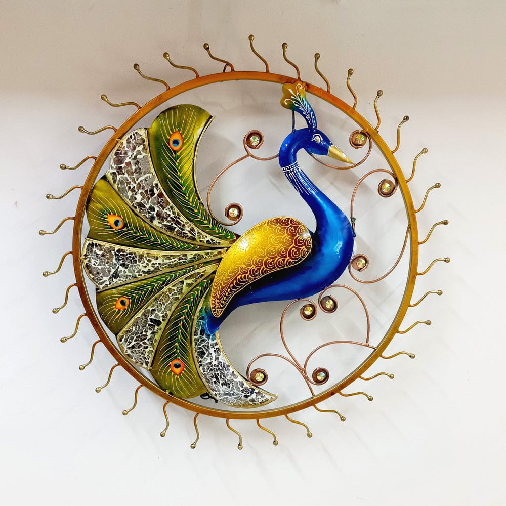 Artistic metal peacock showpiece for wall decor, featuring hand painting and dazzling glass feather decorations.