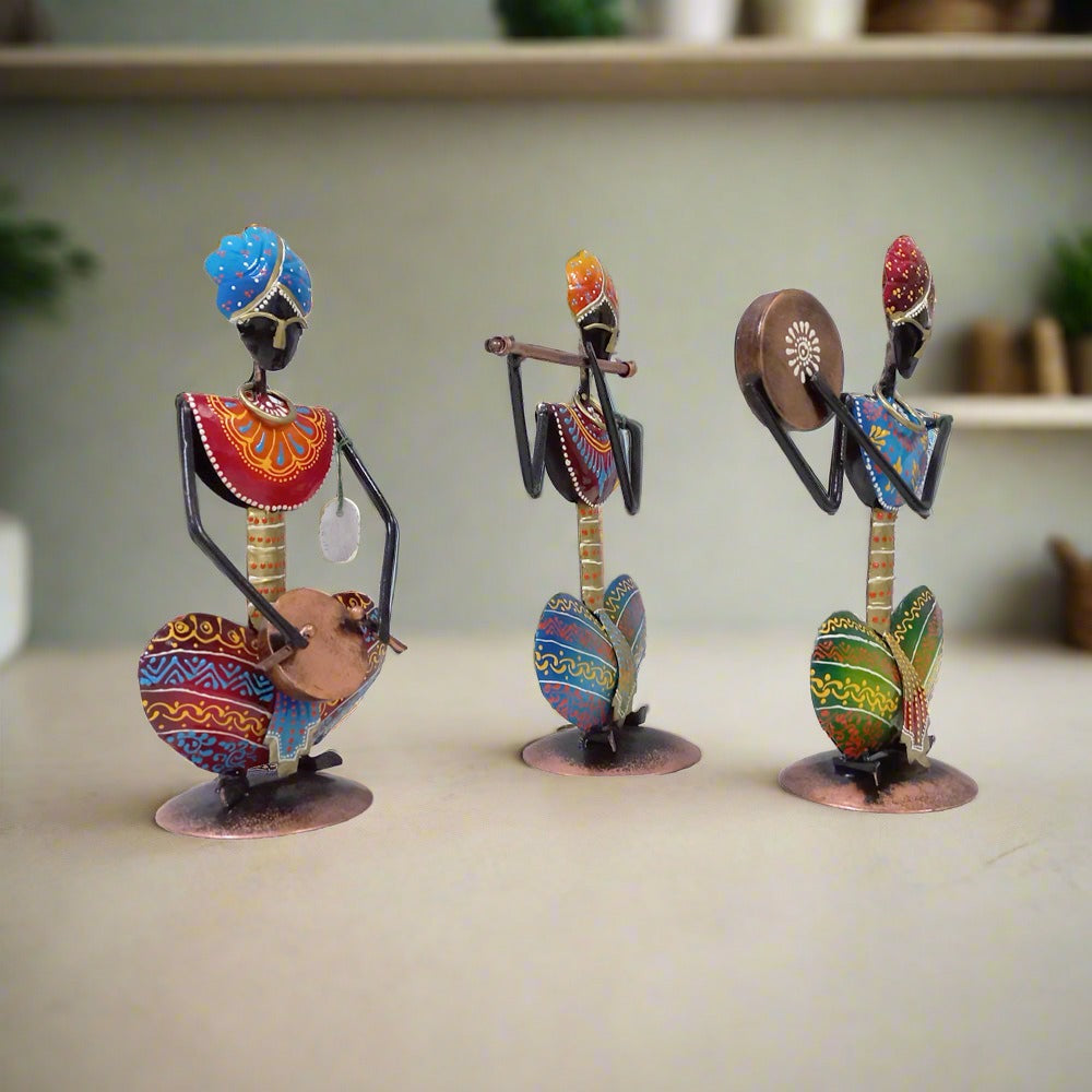 Artistic Rajasthani metal musician group of three handcrafted and hand-painted figurines, showcasing traditional music culture.