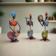 Artistic Rajasthani metal musician group of three handcrafted and hand-painted figurines, showcasing traditional music culture.