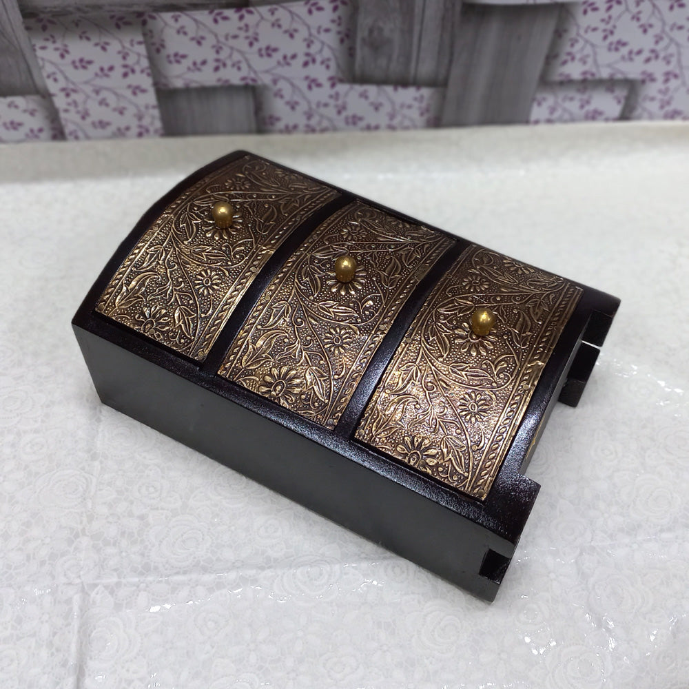 Artistic wooden and metal drawer box with vintage floral metal sheets and three storage compartments.