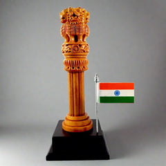 Ashok Stambh with Indian national flag, handcrafted wooden patriotic decor.