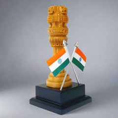 Artisan-made wooden Ashoka Pillar mounted on wooden base, decorated with hand art and Indian flags
