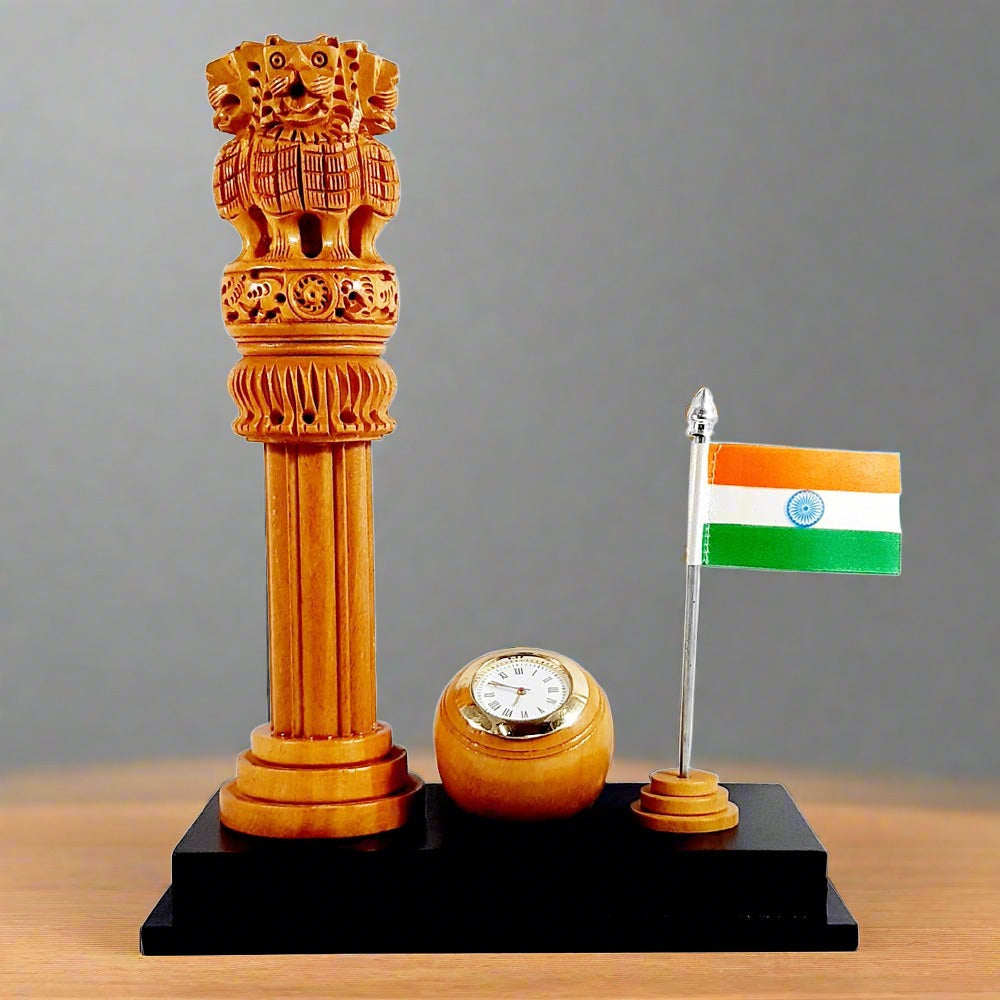 Table clock featuring handcrafted Ashoka pillar and Indian flag mounted on wooden base, ideal for office desk decor.
