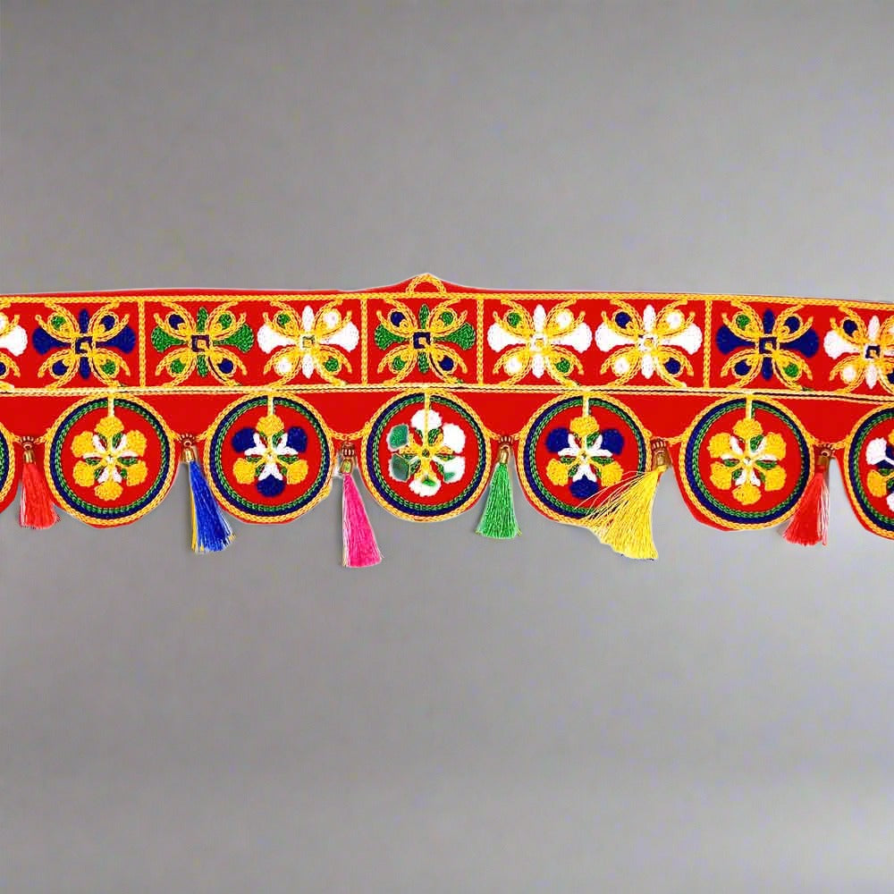 Close-up embroidery design detail on premium fabric bandarwal door decoration