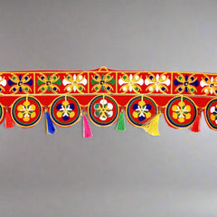 Close-up embroidery design detail on premium fabric bandarwal door decoration