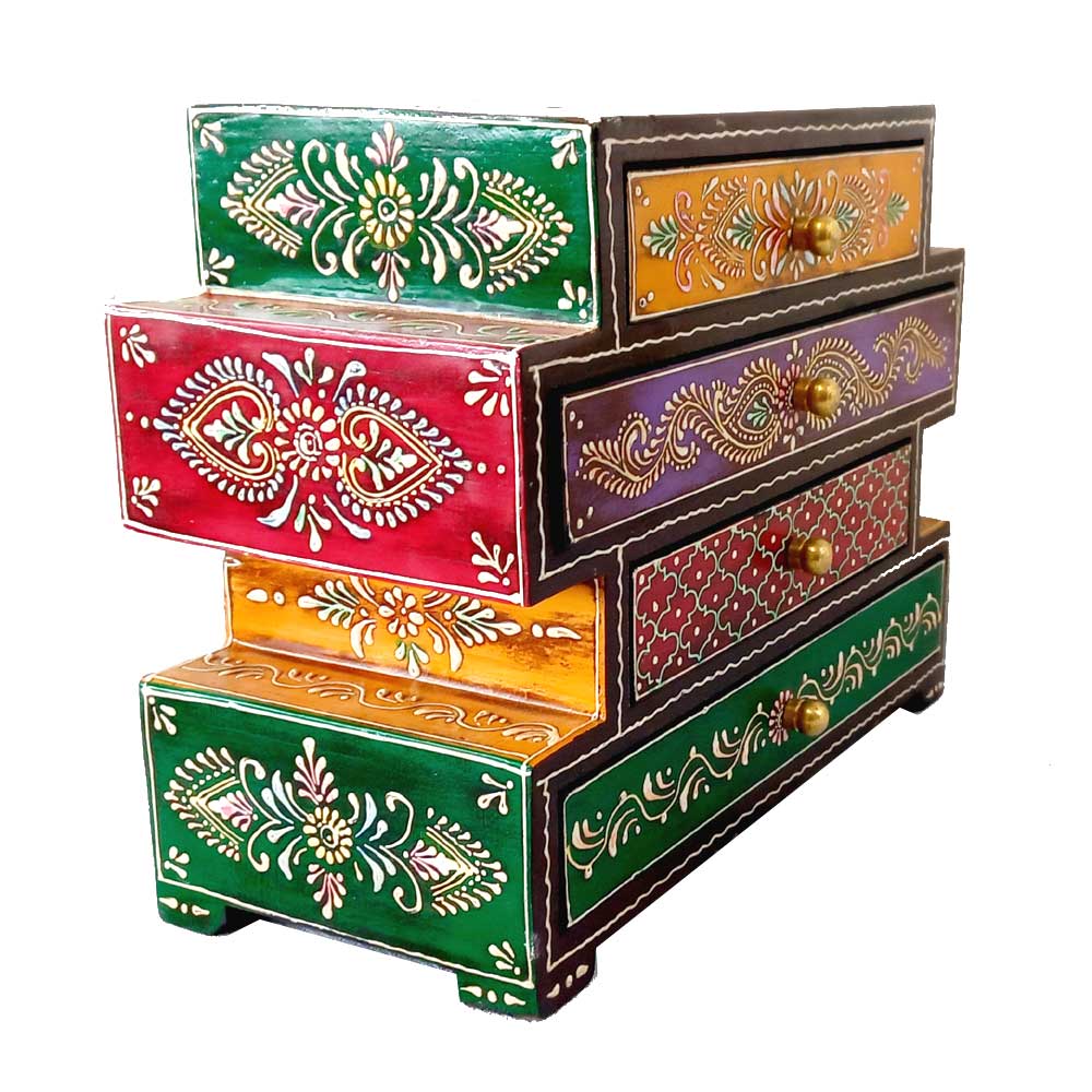 A beautiful painted wooden 4-drawer box with a unique and different shape.