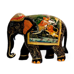 Black painted wooden elephant featuring traditional Mughal paintings, suitable for home decoration
