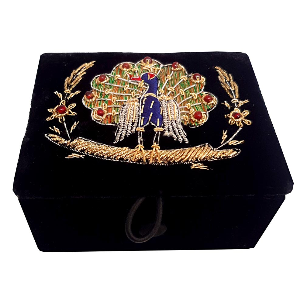 Hand-embroidered zardosi black velvet jewelry box with detailed peacock design made from silver and golden wire.