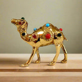 Handcrafted pure brass camel sculpture with colorful stone inlays, 6cm Rajasthan desert ship showpiece.