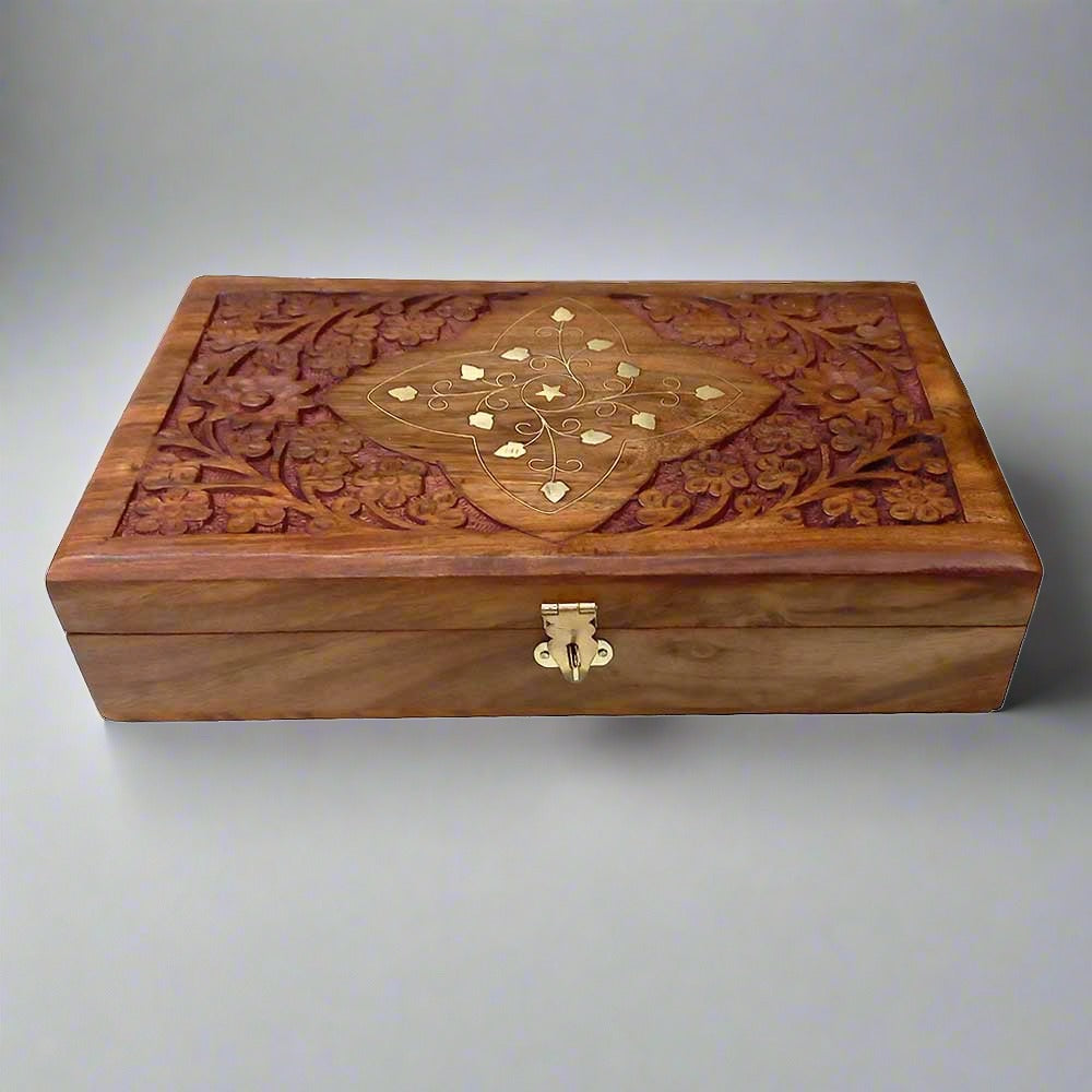 Traditional floral carved wood box (25x15x5.5cm) – protective velvet lining for bracelet & necklace sets.