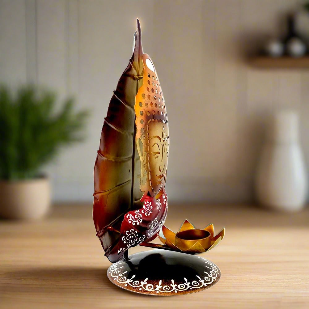 A beautiful Buddha idol with a unique leaf design, perfect for Diwali decoration.
