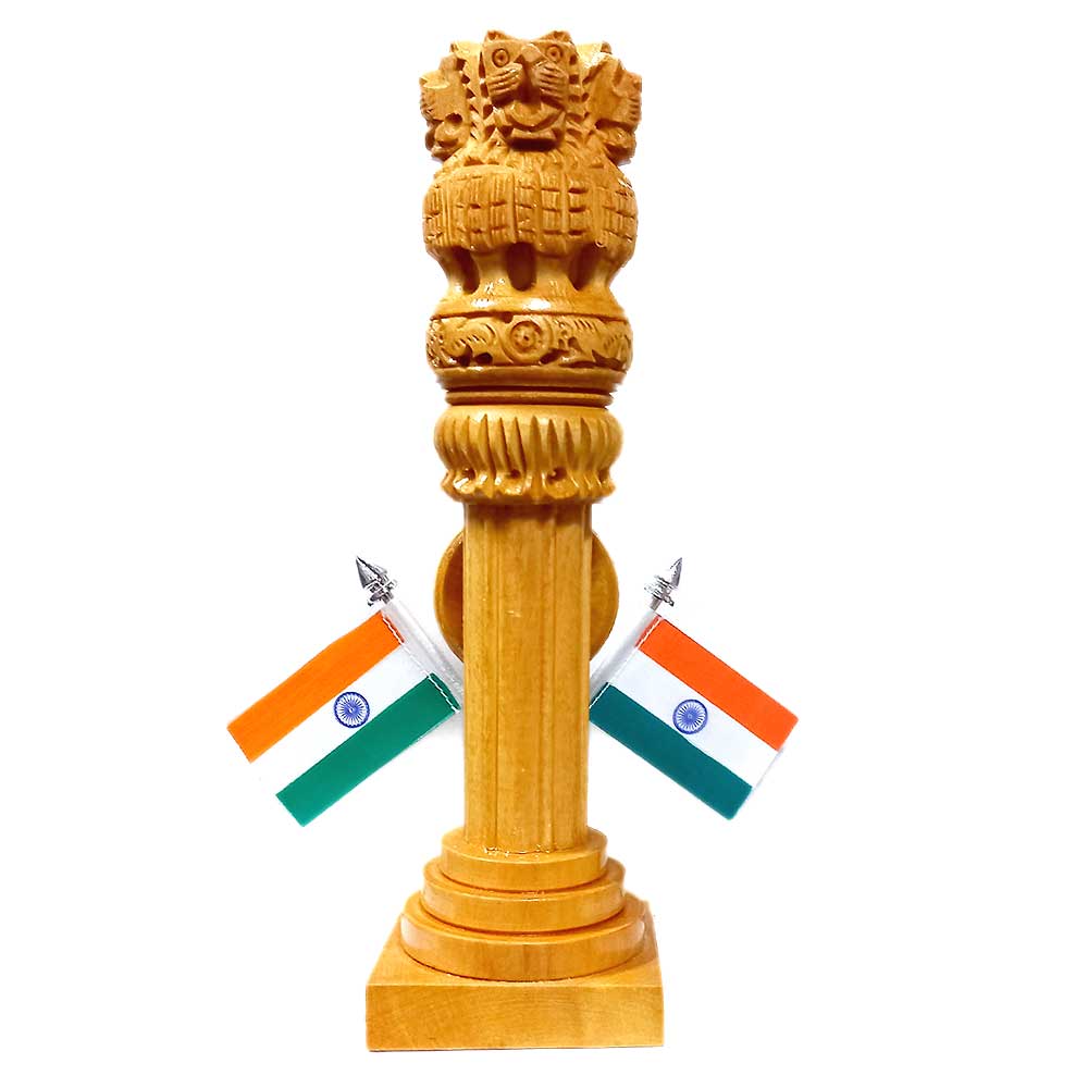 A beautifully carved Ashoka Pillar desk clock with two national flags.