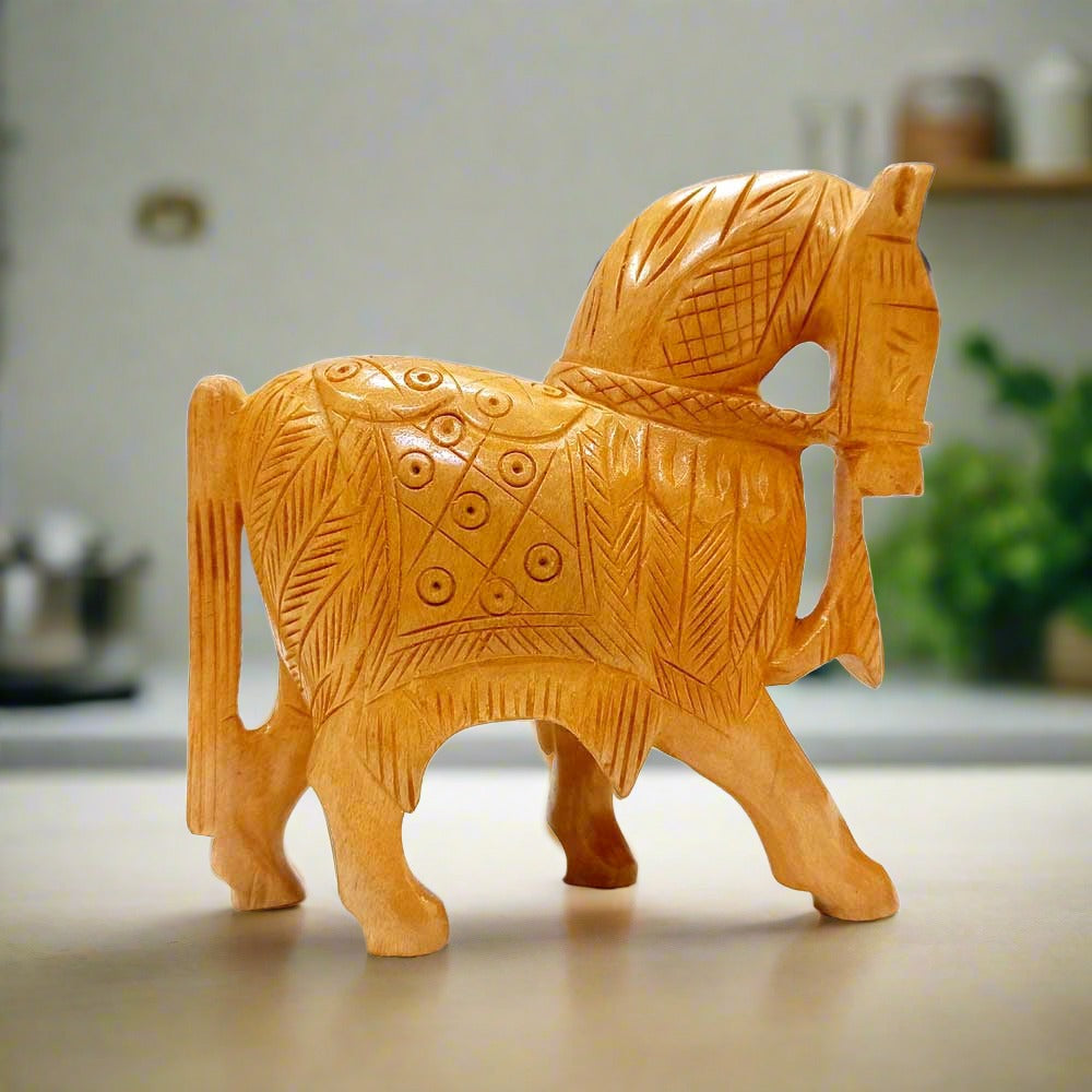 Beautifully carved wooden horse statue with detailed back seat design