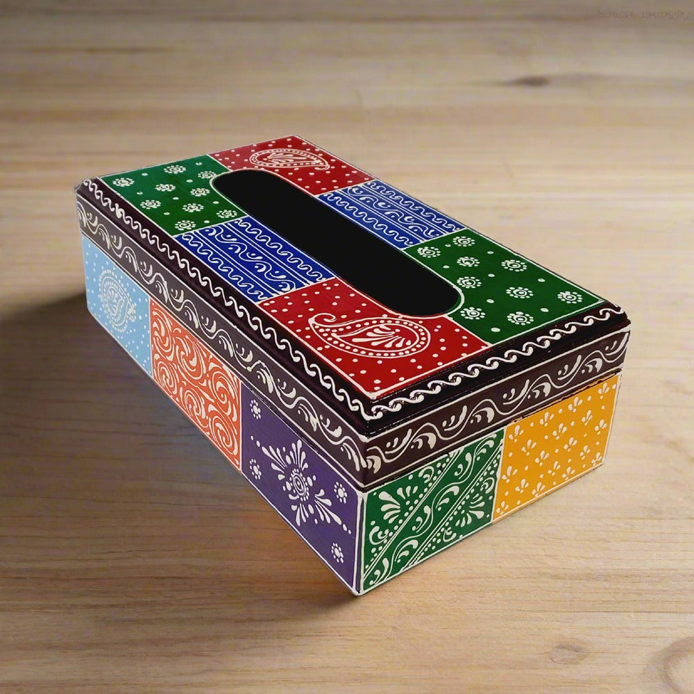 Colorful handmade wooden tissue box decorated with intricate hand art, ideal for center or dining table and car use.