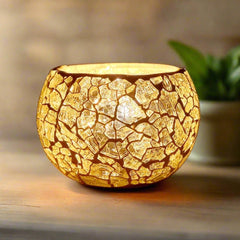 Stunning crackle design glass candle holder with included candle, perfect for glowing ambiance in pooja rooms and homes.