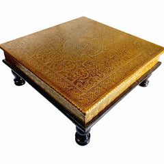 Decorative wooden and metal chowki with perfect size and detailed metal art for religious functions