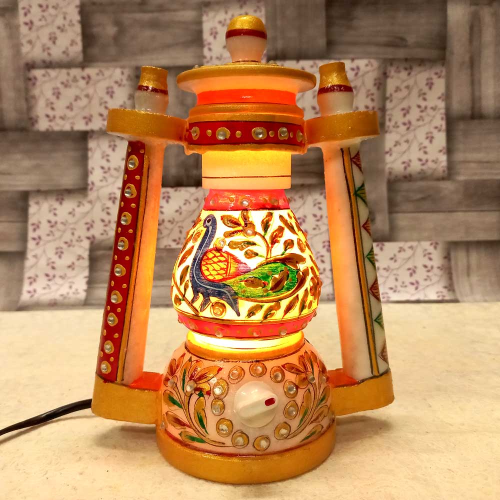 Attractive marble lantern table lamp with electric bulb and traditional embossed floral patterns