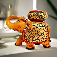 Handmade decorative wooden elephant candle holder with multicolor hand painting, ideal for enhancing home decor.