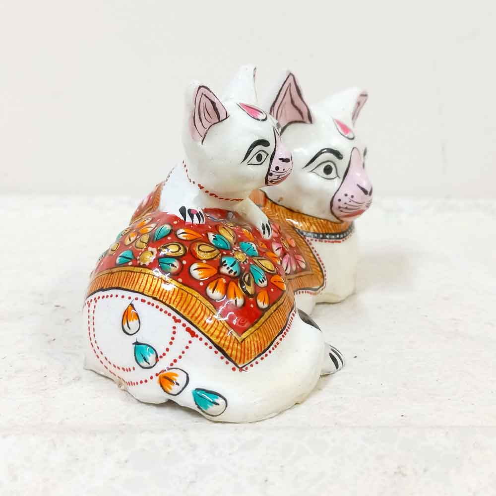 Decorative enamel painted metal cat figurine showcasing a baby cat with a sitting adult cat.