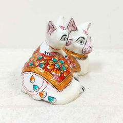 Decorative enamel painted metal cat figurine showcasing a baby cat with a sitting adult cat.