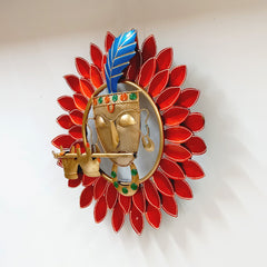 Decorative metal wall frame with beautiful hand painting of Kishan ji’s face on vibrant red double leaves.