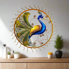 Decorative metal peacock wall art with hand-painted details and glass-embellished feathers, perfect for home or office.