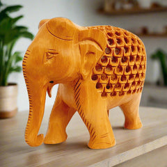 Decorative wooden elephant with low trunk and intricate mesh detailing, suitable for gifting and home display